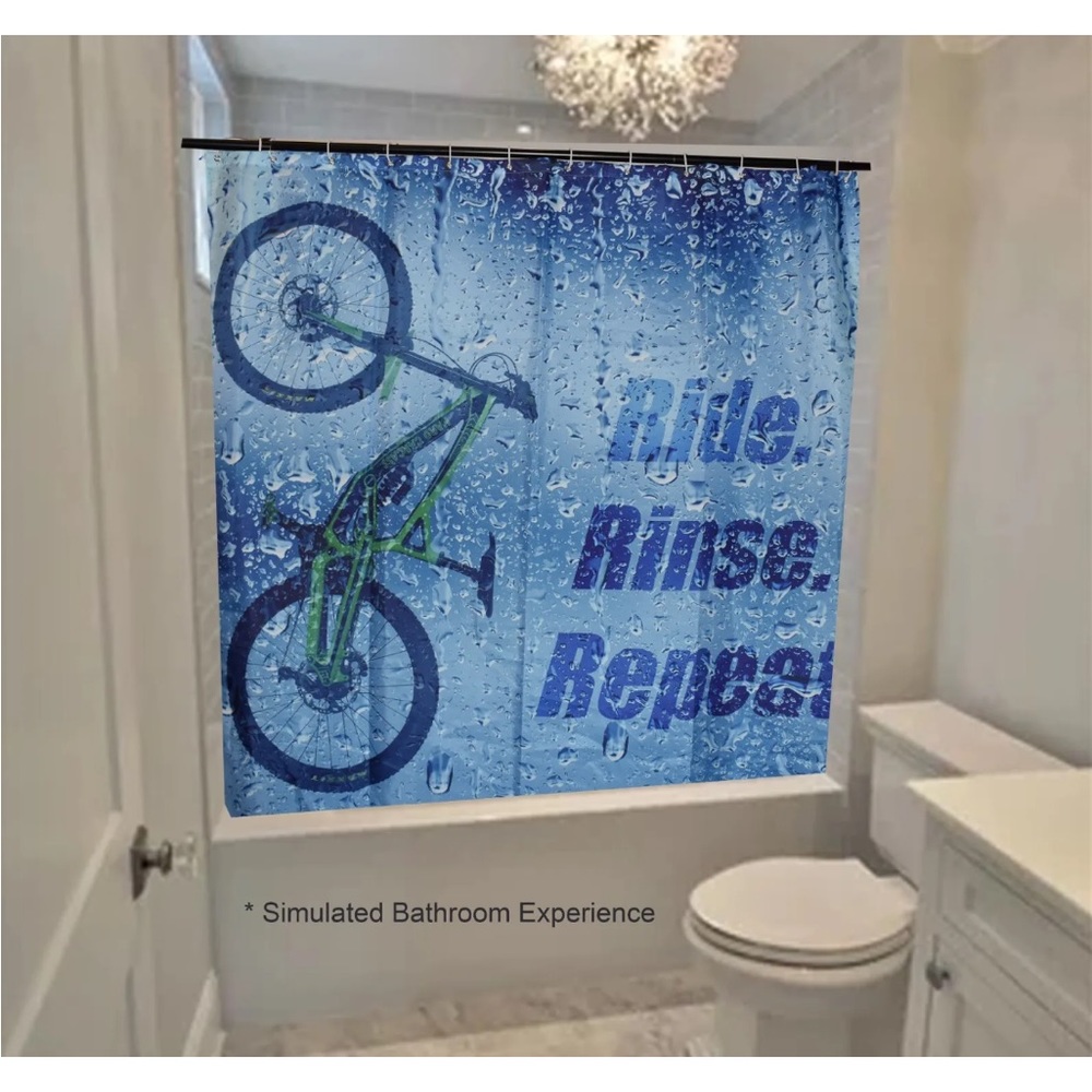Downhill Mountainbike polyester shower curtain 70 X 70 Blue Ride, Rinse, Repeat!